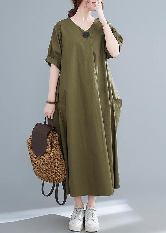 Comfy Army Green Pockets  Holiday Summer Cotton Dress - Omychic