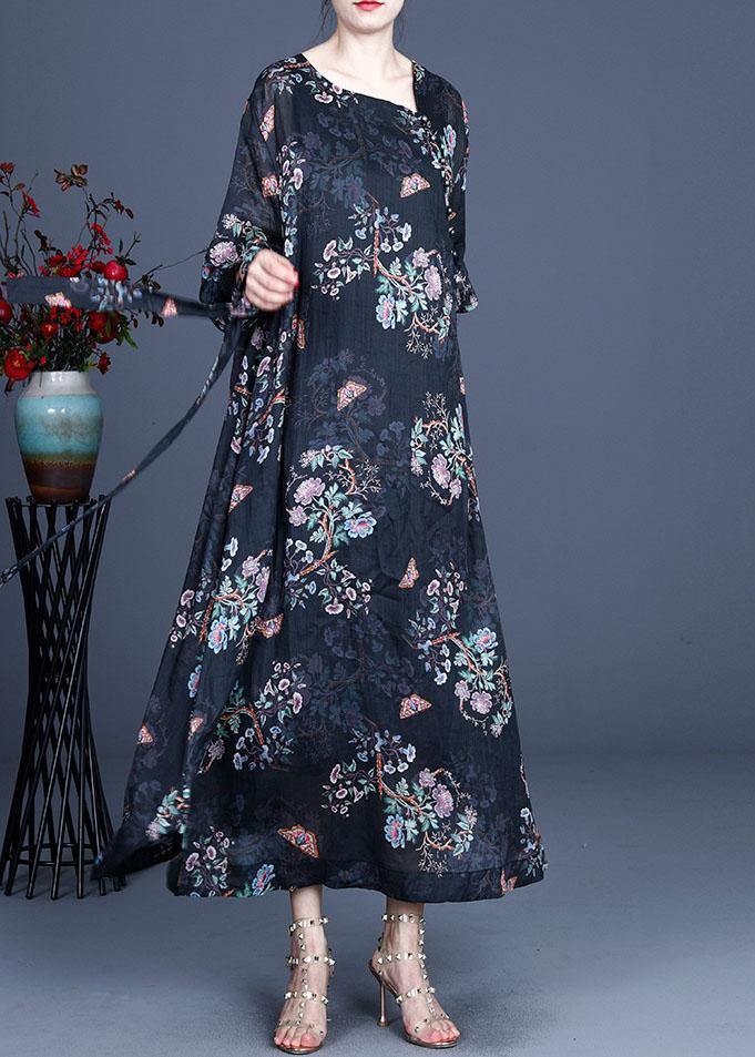 Comfy Black Retro Print Oriental Summer Silk Summer Dress - Omychic