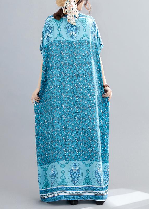 Comfy Blue Print Cotton V Neck Summer Maxi Dresses - Omychic