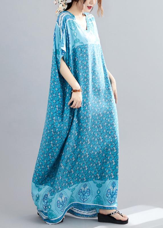 Comfy Blue Print Cotton V Neck Summer Maxi Dresses - Omychic