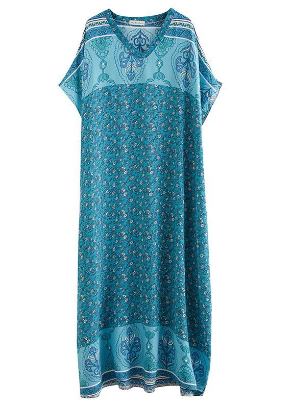 Comfy Blue Print Cotton V Neck Summer Maxi Dresses - Omychic