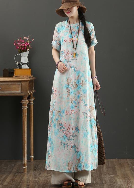 Comfy Blue Print Linen Short Sleeve Summer Vacation Dresses - Omychic