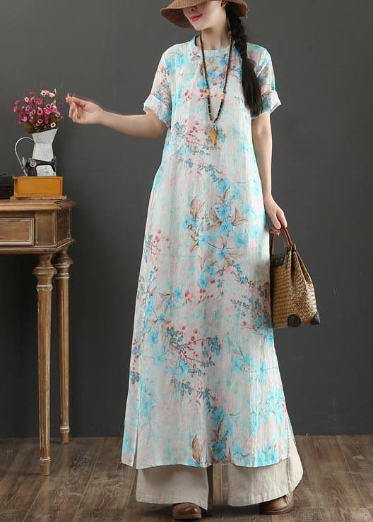 Comfy Blue Print Linen Short Sleeve Summer Vacation Dresses - Omychic