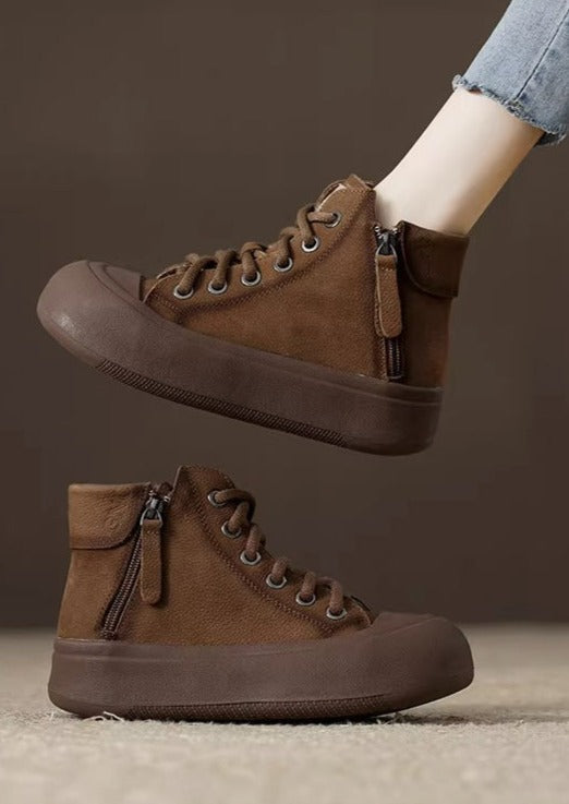 Comfy Brown Cowhide Leather Ankle Boots Splicing Cross Strap