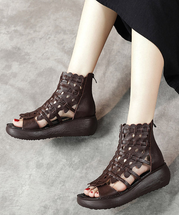 Comfy Chocolate Cowhide Leather Sandals Peep Toe Sandals