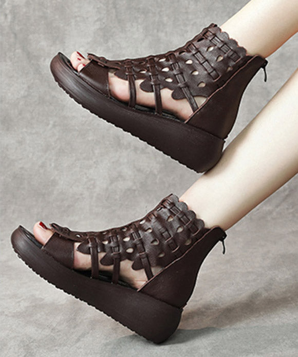 Comfy Chocolate Cowhide Leather Sandals Peep Toe Sandals