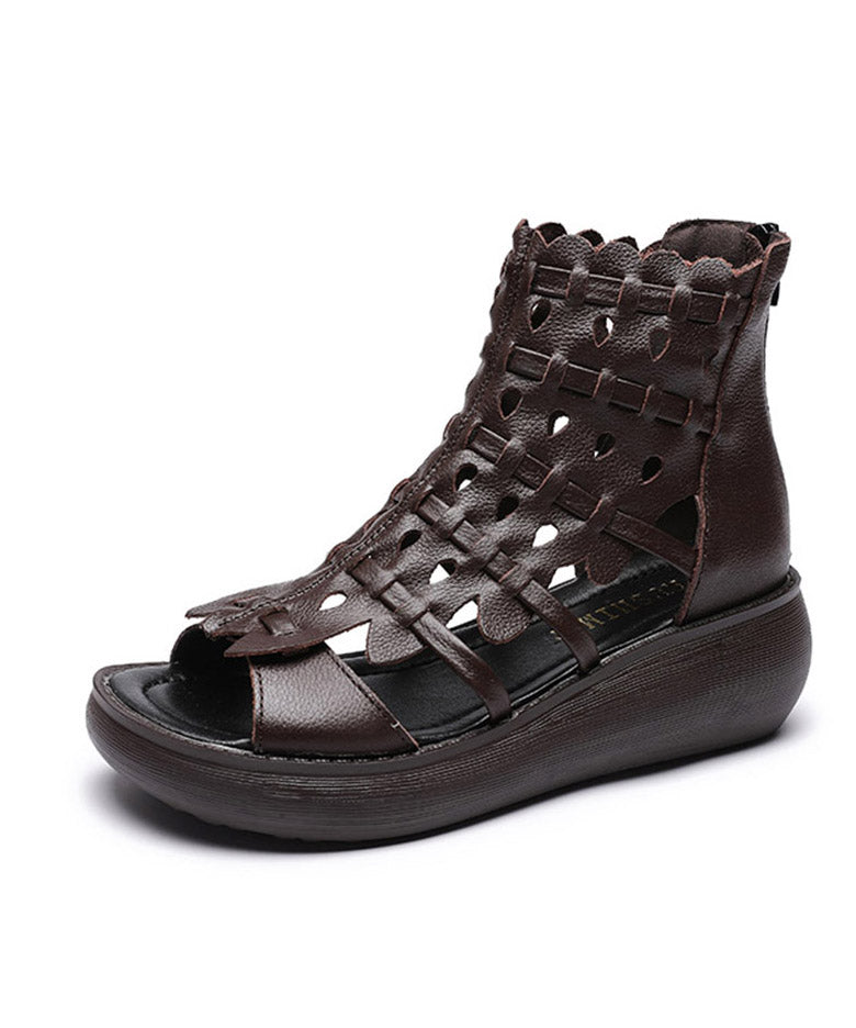 Comfy Chocolate Cowhide Leather Sandals Peep Toe Sandals