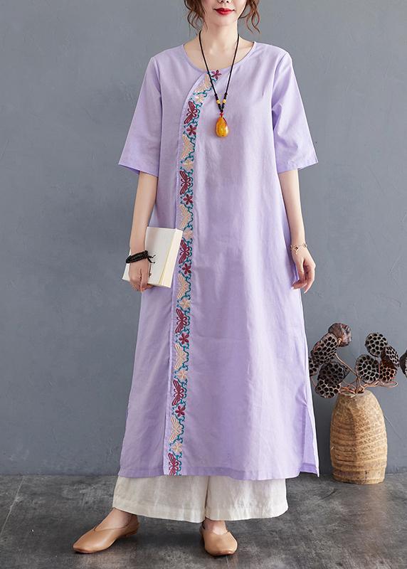 Comfy Comfy Light Purple Embroidery Cotton Linen Maxi Summer Dress - Omychic
