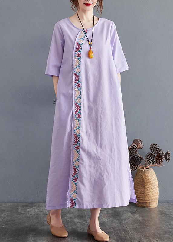 Comfy Comfy Light Purple Embroidery Cotton Linen Maxi Summer Dress - Omychic