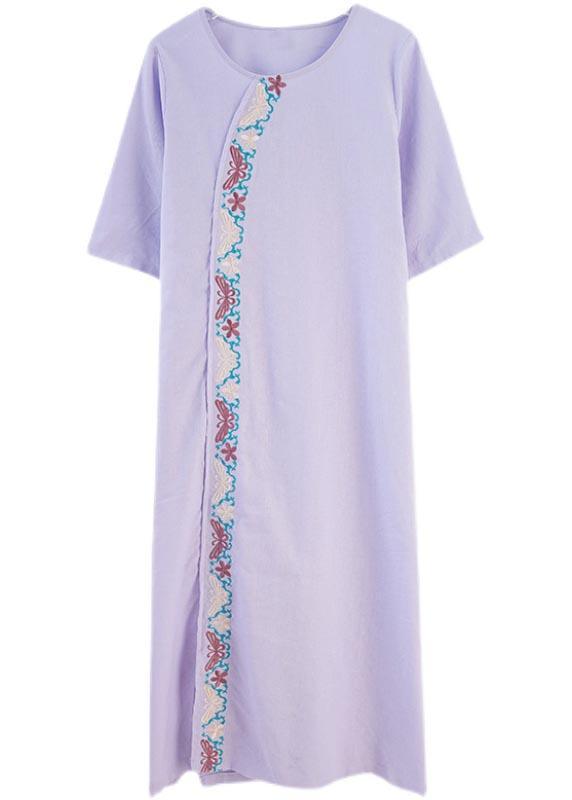 Comfy Comfy Light Purple Embroidery Cotton Linen Maxi Summer Dress - Omychic