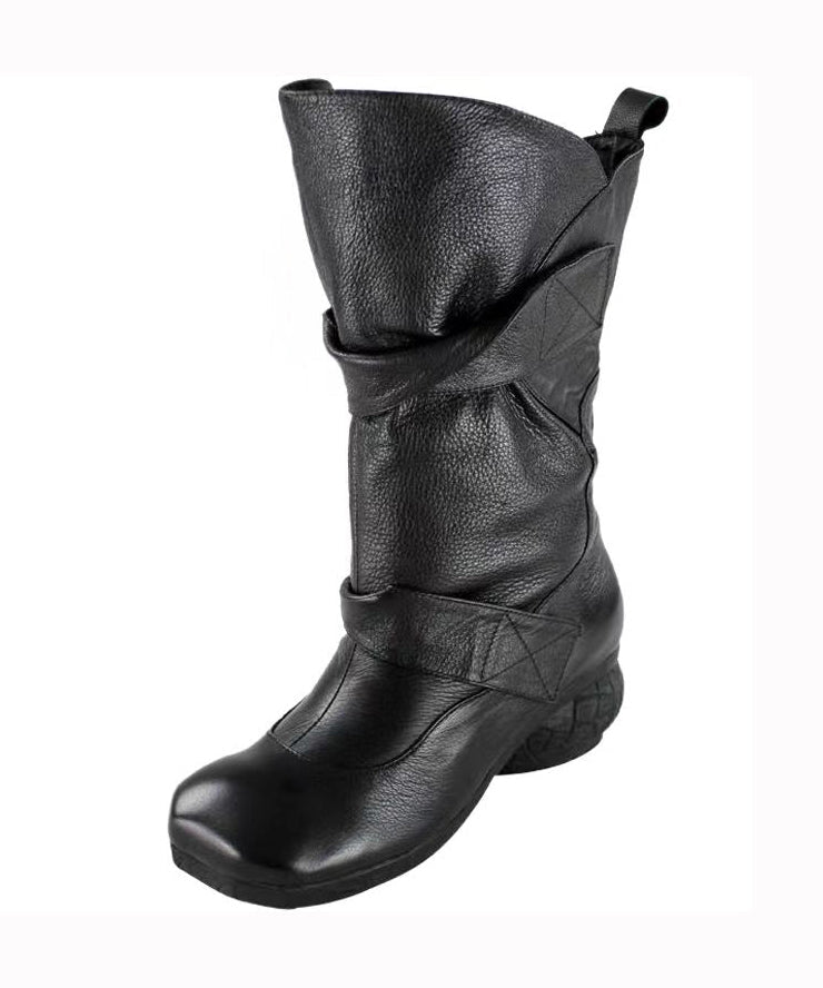 Comfy Cowhide Leather Boots Black Splicing Buckle Strap