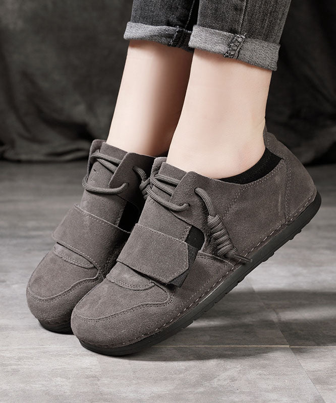 Comfy Flat Shoes For Women Grey Cowhide Leather