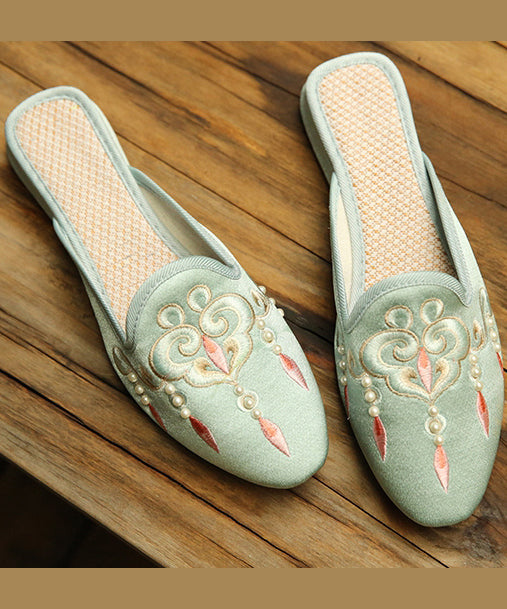 Comfy Light Green Embroidered Pearl Cotton Fabric Slide Sandals