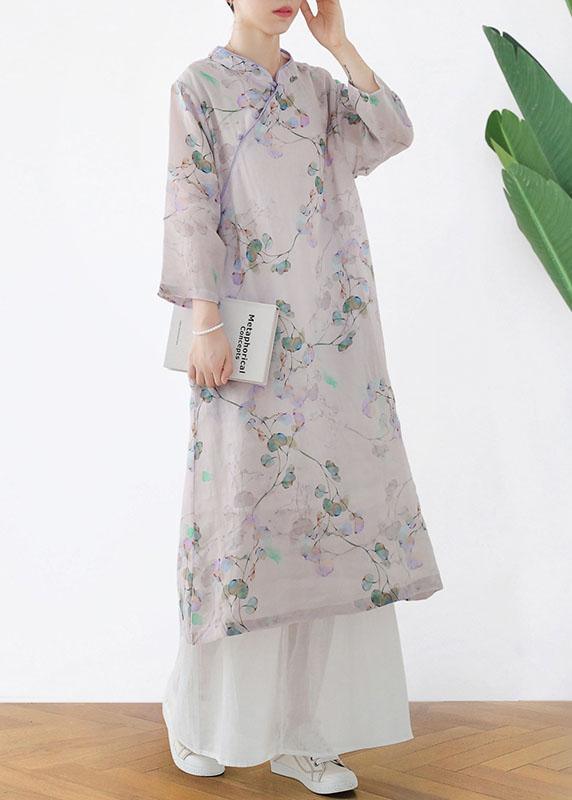Comfy Light Purple Print Oriental Ramie Maxi Dresses Fall - Omychic