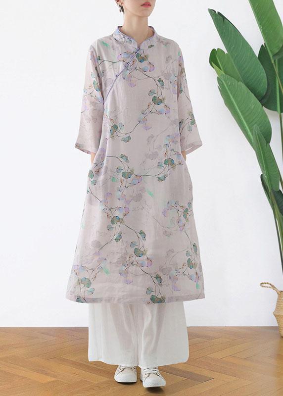 Comfy Light Purple Print Oriental Ramie Maxi Dresses Fall - Omychic