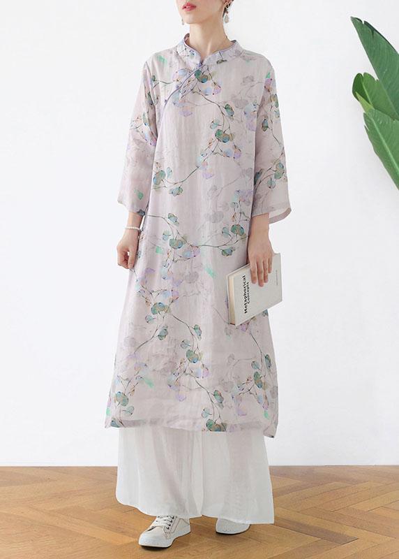Comfy Light Purple Print Oriental Ramie Maxi Dresses Fall - Omychic