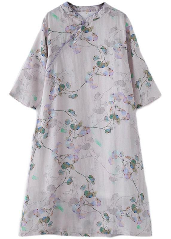 Comfy Light Purple Print Oriental Ramie Maxi Dresses Fall - Omychic