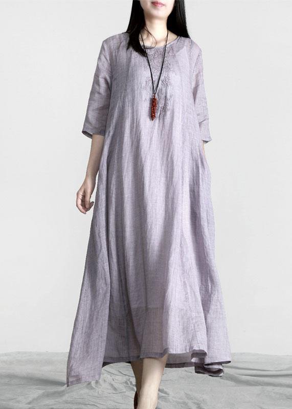 Comfy Light Purple zippered Linen O-Neck Summer Maxi Dress - Omychic