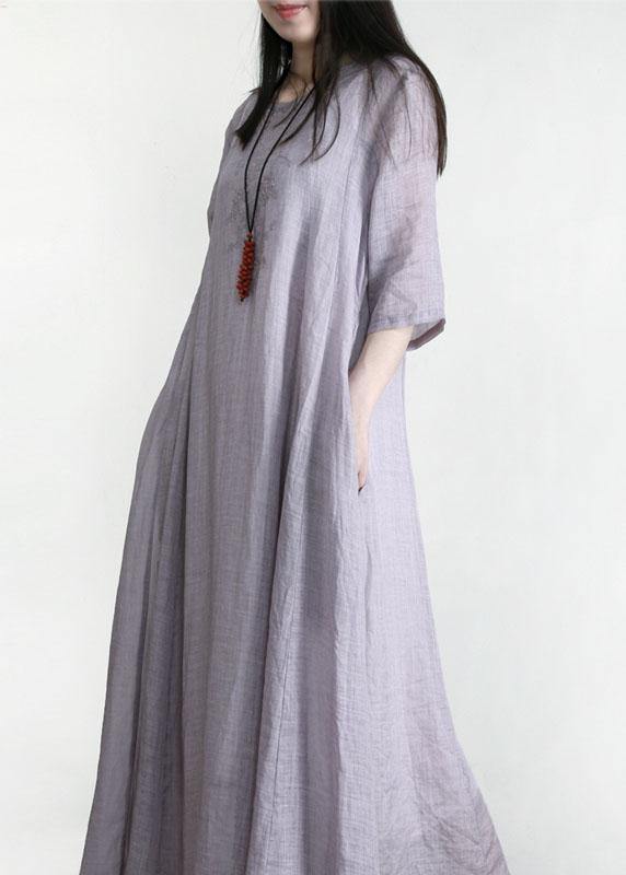 Comfy Light Purple zippered Linen O-Neck Summer Maxi Dress - Omychic