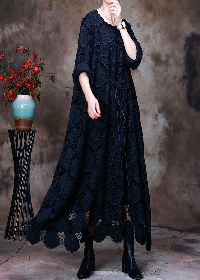 Comfy Navy O-Necktie waist Lace  Fall Long sleeve Holiday Dress - Omychic