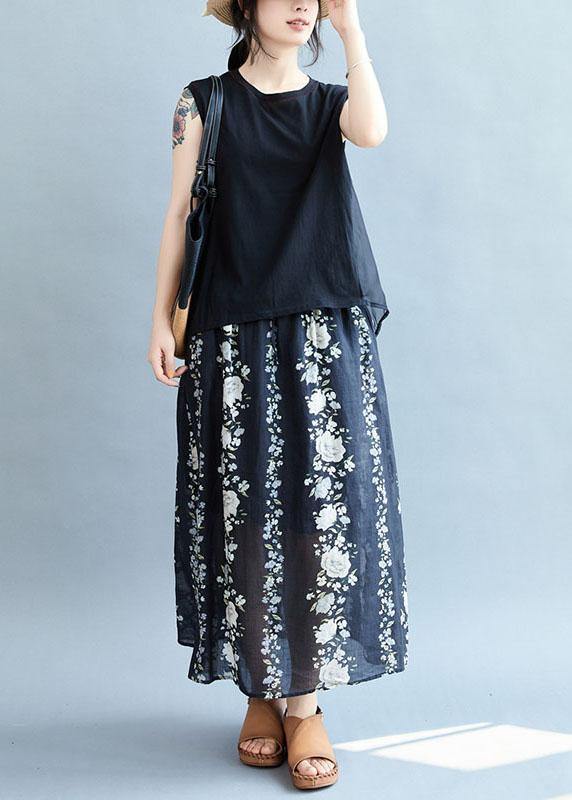 Comfy Navy Pockets Tie Waist Print Fall Floral Skirts - Omychic