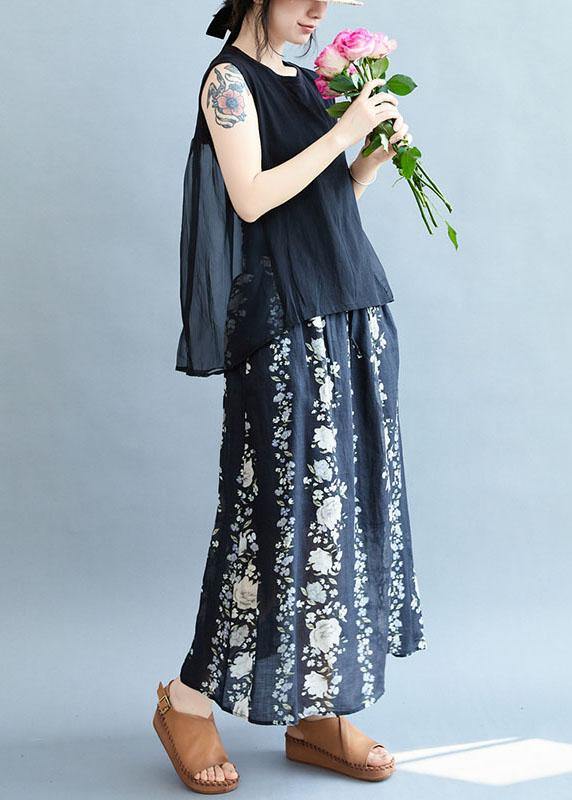 Comfy Navy Pockets Tie Waist Print Fall Floral Skirts - Omychic