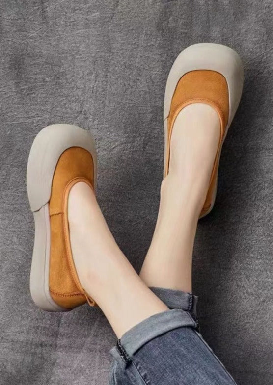 Comfy Yellow Cowhide Leather Women Splicing Flat Shoes