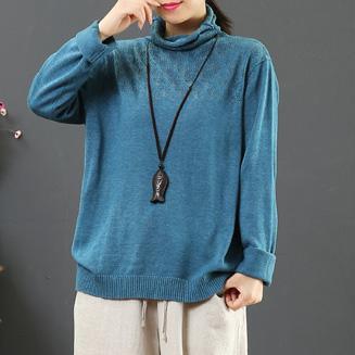 Comfy blue khit top silhouette high neck plus size hollow out knit tops - Omychic