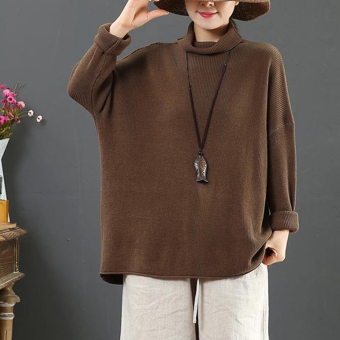 Comfy brown crane tops fall fashion high neck knit tops - Omychic