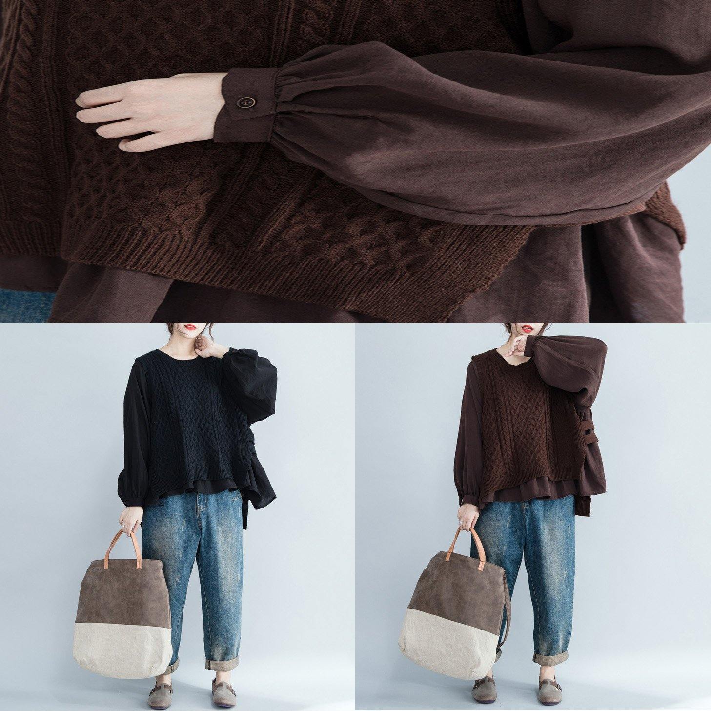 Comfy chocolate Sweater dresses Beautiful false two piece Big knit top fall - Omychic