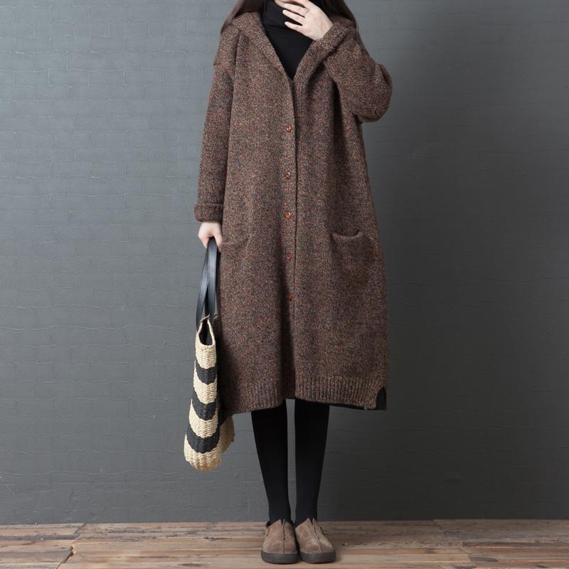 Comfy chocolate oversized hooded Button knit outwear - Omychic