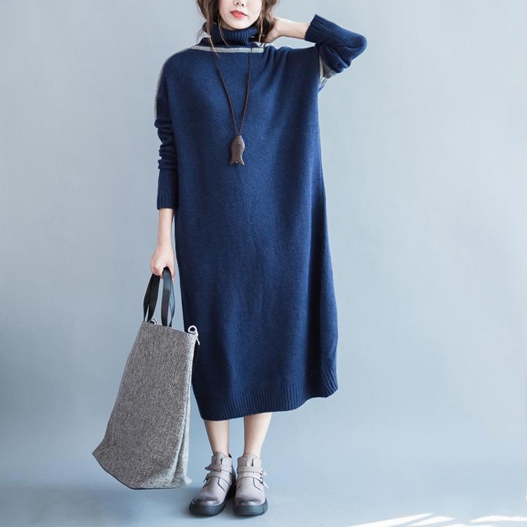 Comfy Dark Blue Sweater Weather Plus Size Fuzzy High Neck Knit Dresses