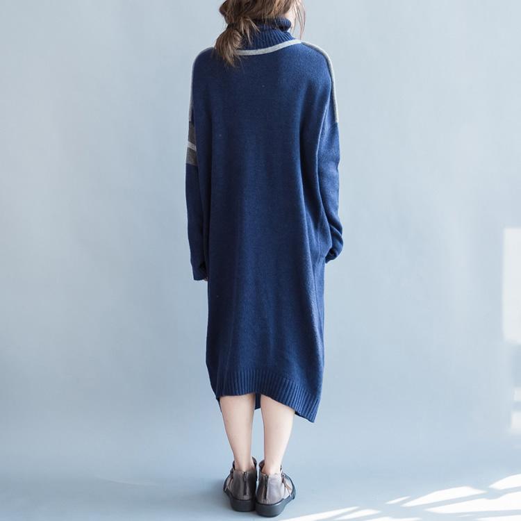 Comfy dark blue Sweater weather plus size Fuzzy high neck knit dresses - Omychic