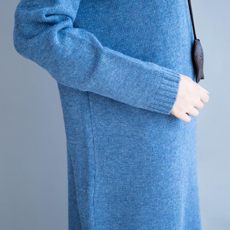 Comfy Dark Blue Sweater Weather Plus Size Fuzzy High Neck Knit Dresses