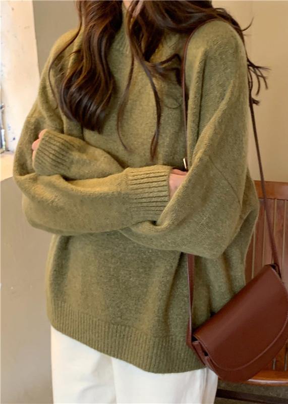Comfy Fall Green Sweater Tops Plus Size High Neck Knit Blouse