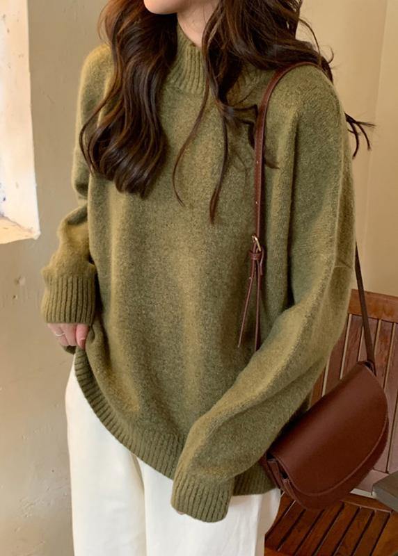 Comfy Fall Green Sweater Tops Plus Size High Neck Knit Blouse