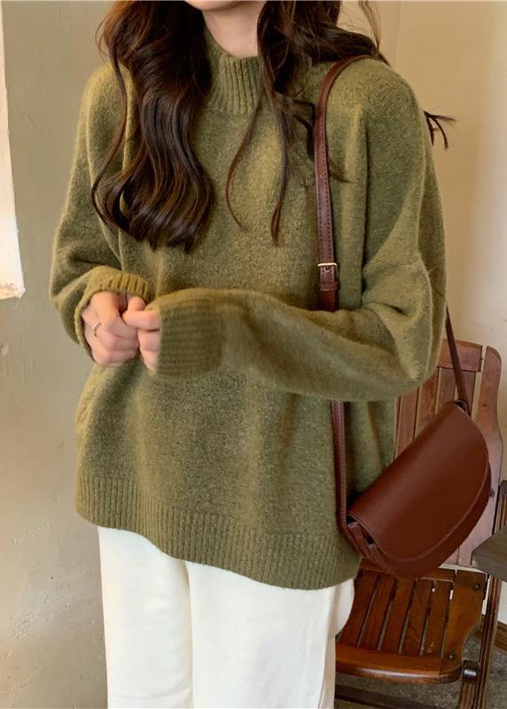 Comfy Fall Green Sweater Tops Plus Size High Neck Knit Blouse