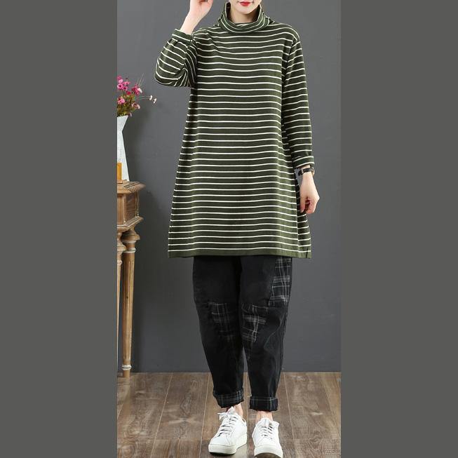 Comfy green knit tops high neck oversized striped sweaters - Omychic
