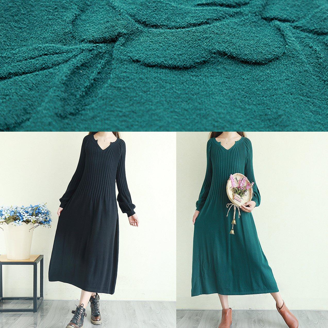Comfy lantern sleeve Sweater v neck weather Vintage blackish green oversized knit dresses - Omychic