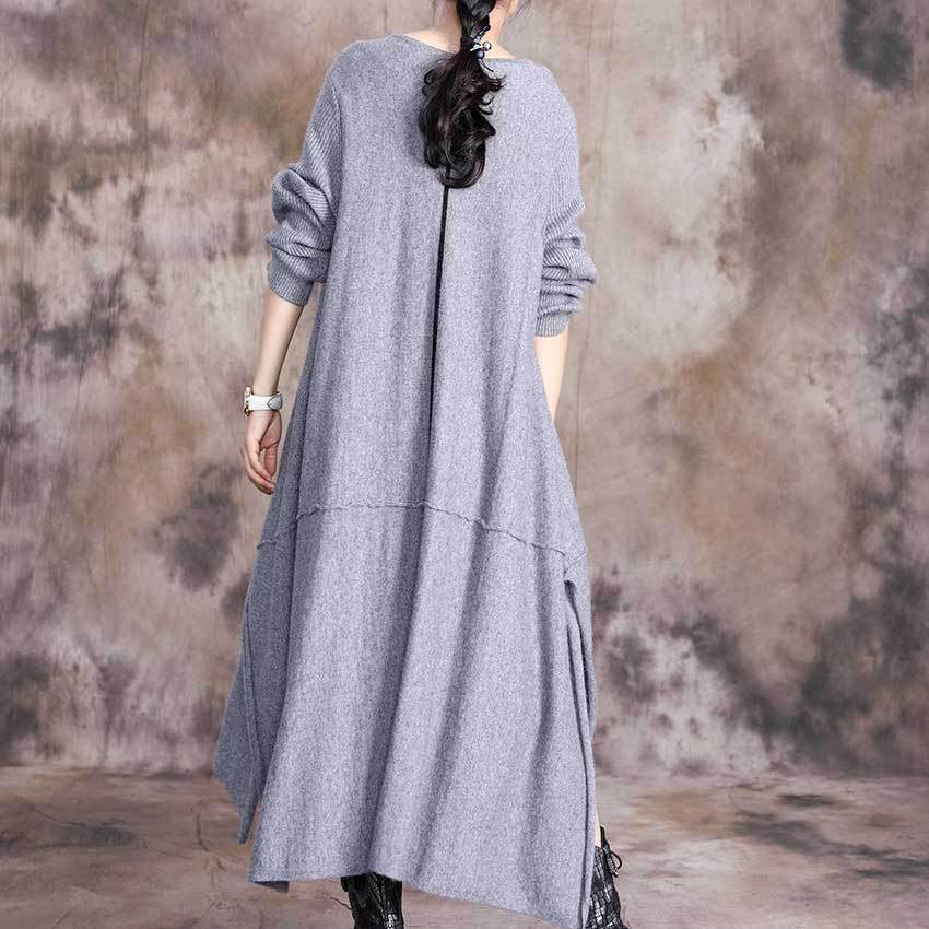 Comfy o neck asymmetric Sweater fall outfits plus size gray baggy knit dresses - Omychic