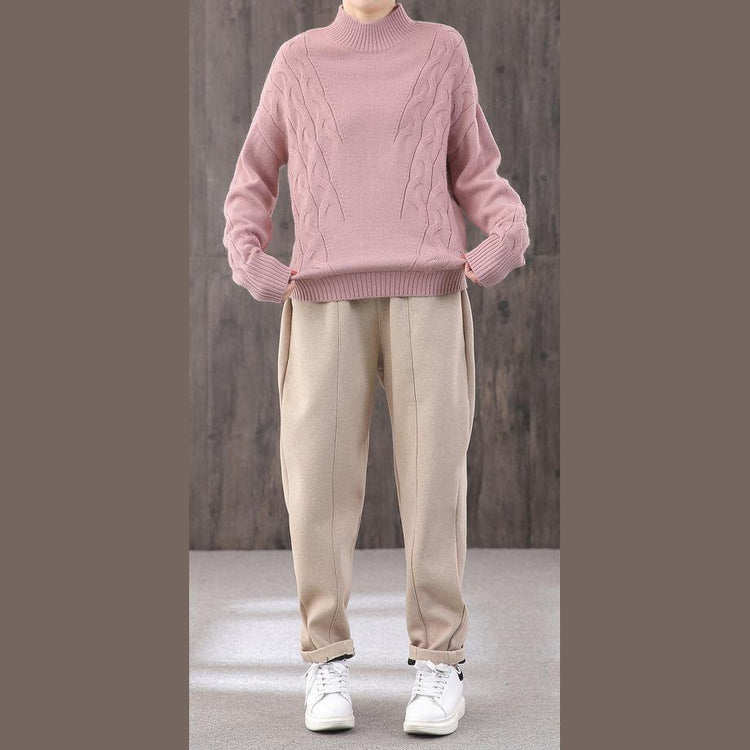 Comfy pink knit blouse fall fashion knitwear high neck - Omychic