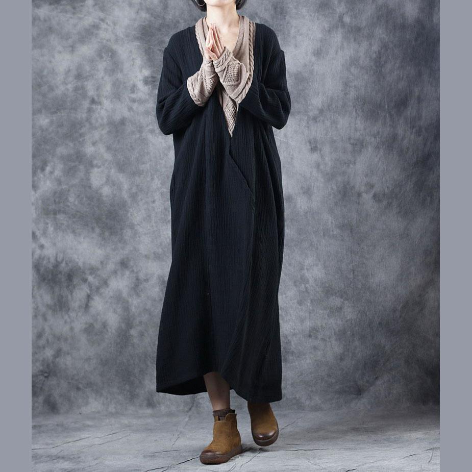 Comfy v neck Sweater dress outfit Street Style black nude patchwork oversized knit dress fall - Omychic
