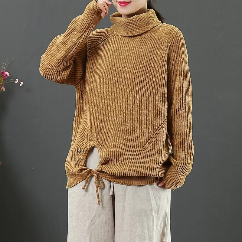 Comfy yellow Sweater Blouse winter Loose fitting high neck knitwear - Omychic