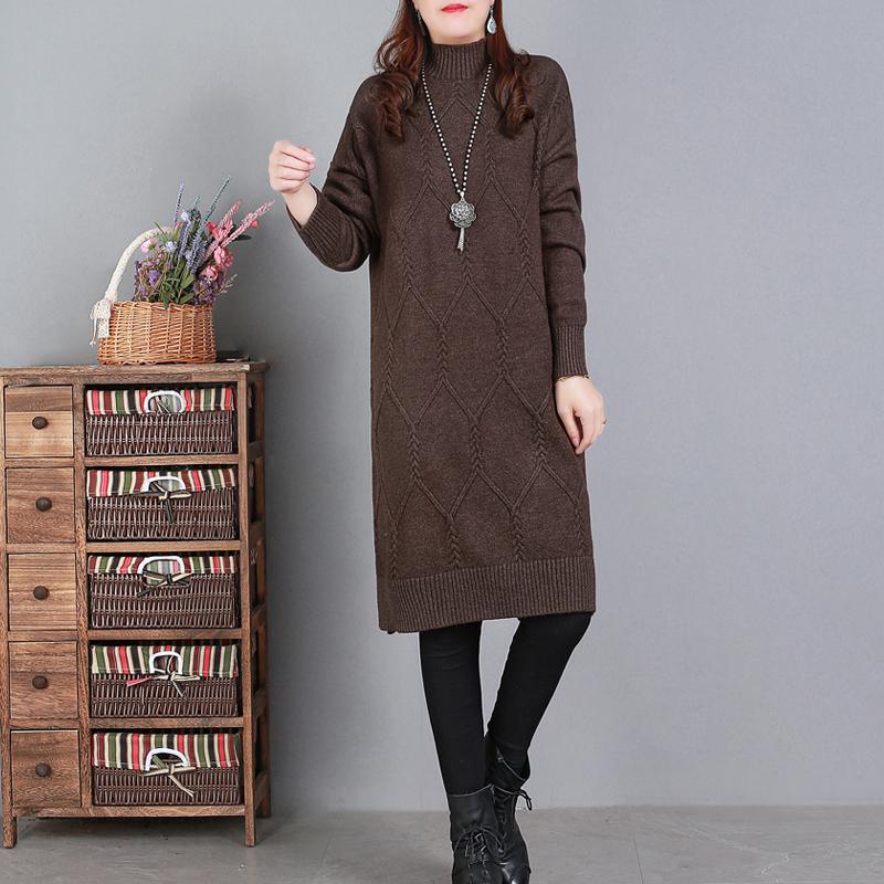 Comfy High Neck Sweater Weather Largo Chocolate Art Knit Dresses - Omychic