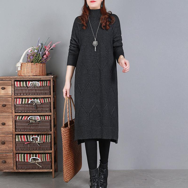 Comfy High Neck Sweater Weather Largo Chocolate Art Knit Dresses - Omychic