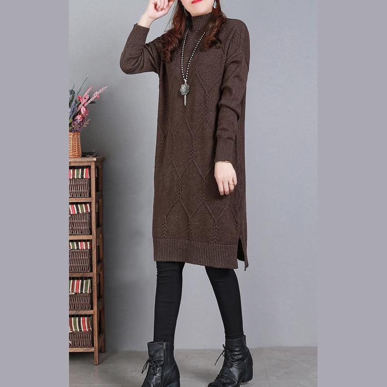 Comfy High Neck Sweater Weather Largo Chocolate Art Knit Dresses - Omychic