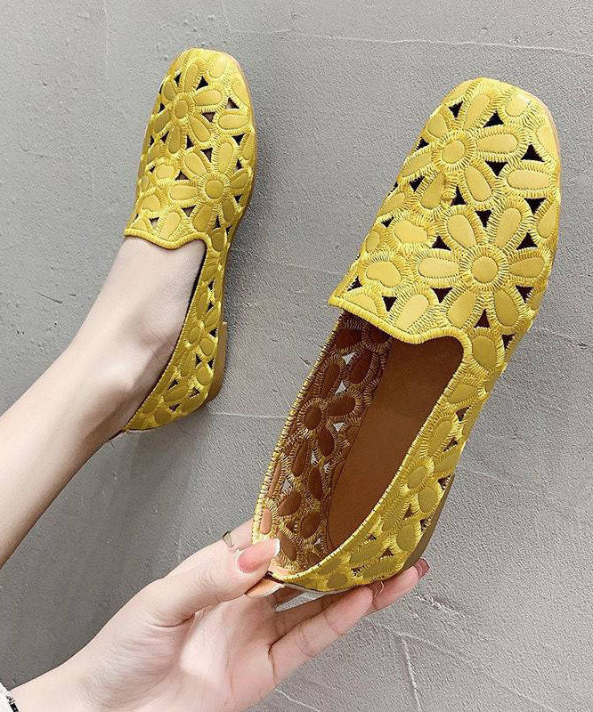 Cotton Fabric Hollow Out Embroidery Splicing Yellow Loafers For Women
