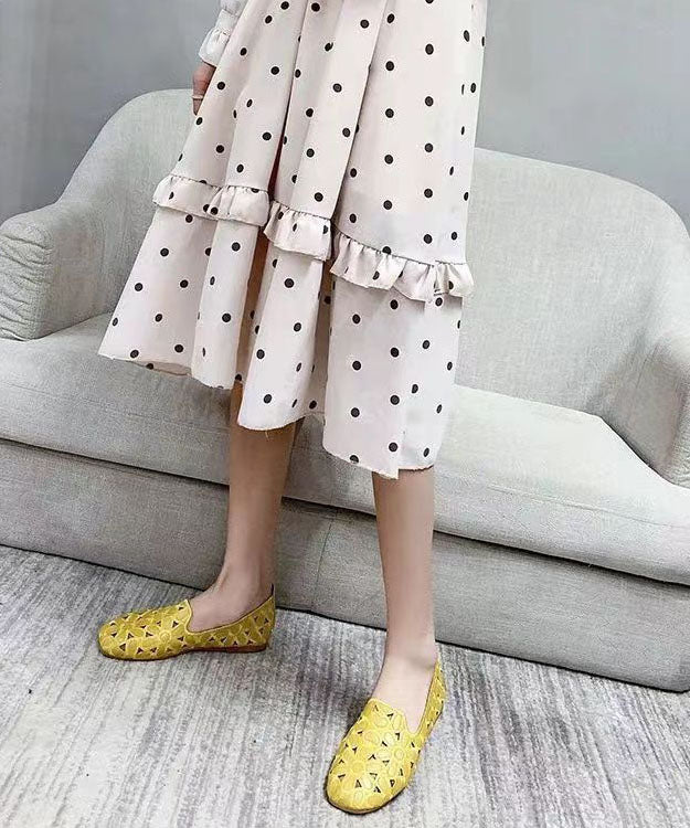 Cotton Fabric Hollow Out Embroidery Splicing Yellow Loafers For Women