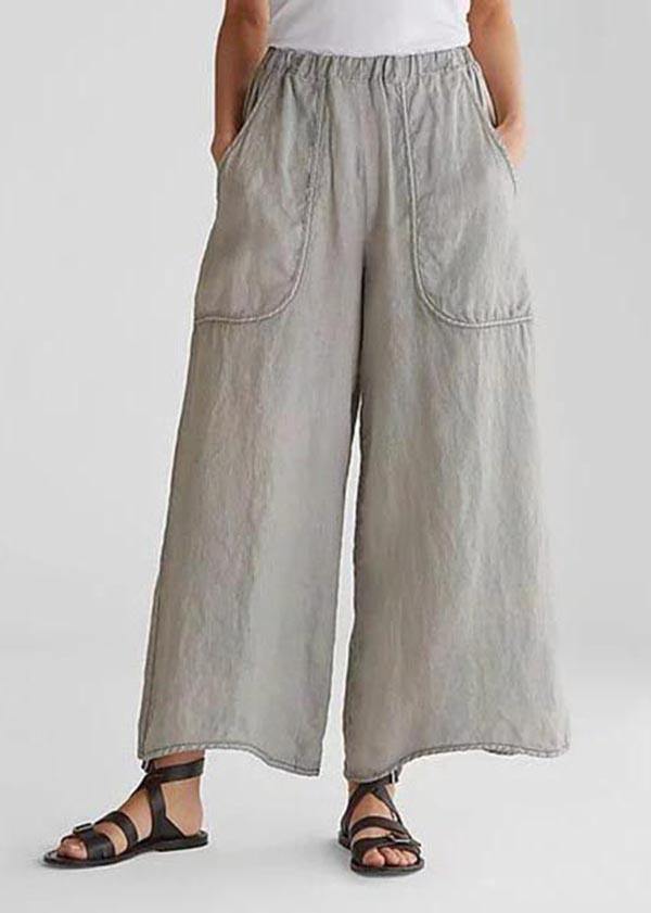 Tea Green-dandelion Cotton Linen Loose Wide Leg Casual Pants