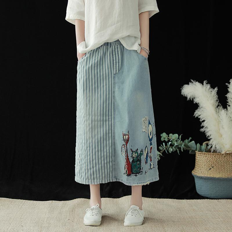 Cotton denim skirt female summer new elastic waist loose retro skirt - Omychic